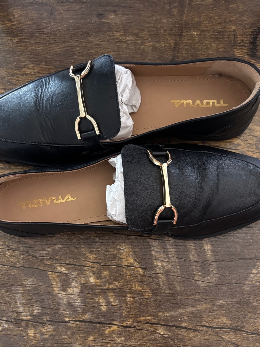 Black Leather Slip-On Loafers with Gold Bit Accent